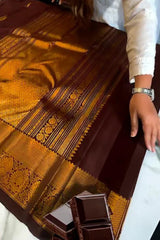 Chocolate Brown Kanchipuram Silk Saree with Antique Gold Zari Butta and Temple Border