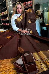 Chocolate Brown Kanchipuram Silk Saree with Antique Gold Zari Butta and Temple Border