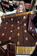 Chocolate Brown Kanchipuram Silk Saree with Antique Gold Zari Butta and Temple Border