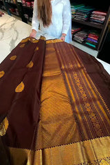 Chocolate Brown Kanchipuram Silk Saree with Antique Gold Zari Butta and Temple Border