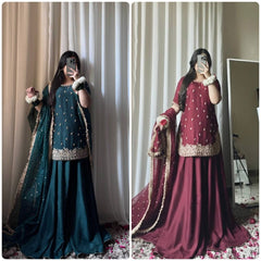Designer Georgette Sharara Suit Set with Heavy Embroidery and Dupatta