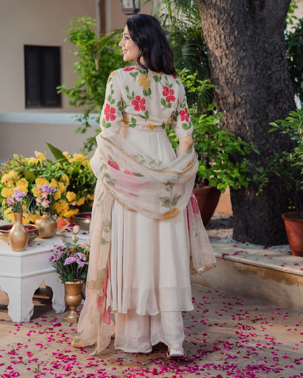 Designer Cream Georgette Anarkali Suit with Heavy Floral Embroidery