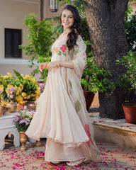 Designer Cream Georgette Anarkali Suit with Heavy Floral Embroidery