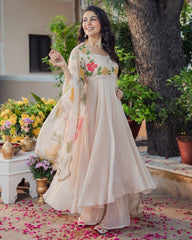 Designer Cream Georgette Anarkali Suit with Heavy Floral Embroidery