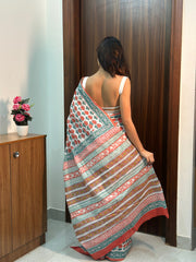 White Blossom Hand-Block Print Mulmul Cotton Saree with Floral Butis and Geometric Border