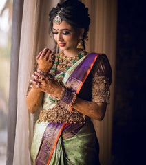 Pista Green Jaquard Silk Saree with Magenta  & Designer Blouse