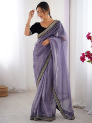 Lavender Shimmer Organza Saree with Contrast Black Velvet Embroidered Blouse