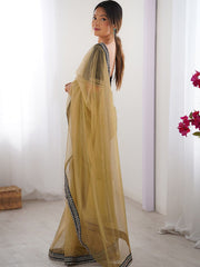 Champagne Gold Organza Saree with Embroidered Border & Velvet Blouse Piece