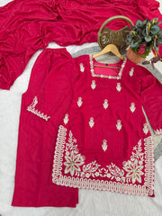 Rani Pink Silk Embroidered Kurta Suit Set with Sequence Work Dupatta
