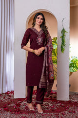 Elegant Wine Silk Blend Embroidered Kurta Set with Digital Printed Organza Dupatta