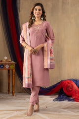 Dusty Rose Straight Kurta Pant Set with Heavy Neck Embroidery & Digital Print Dupatta