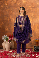 Festive Wear Royal Purple Kurta & Pant Set with Rich Zari Work Dupatta