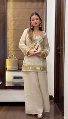Off-White Mirror Work Georgette Sharara Set with Heavy Gota Patti Border