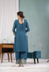Premium Prussian Blue Silk Embroidery Kurta Set with Dupatta & Pant