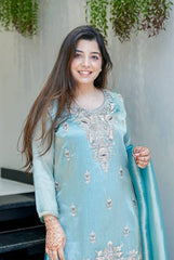 Luxury Blue Embroidered Sharara Suit with Metallic Silk Dupatta