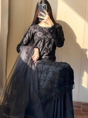 Designer Black 3-Piece Salwar Kameez - Heavily Embroidered Kurta with Flared Palazzo