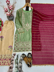 Designer Olive Green Punjabi Suit Set - Embroidered Silk Kurta with Contrast Maroon Dupatta
