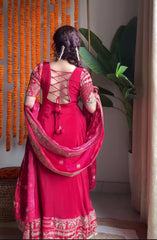 Rani Pink Embroidered Anarkali Suit with Heavy Lace Border Dupatta & Pant