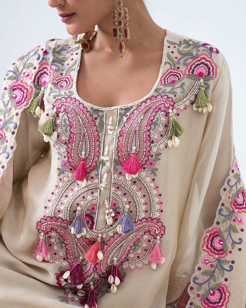 Designer Off-White Silk Kurti with Straight Pants and Embroidered Dupatta
