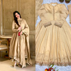 Golden High-Neck Pleated Anarkali Suit with Lace Dupatta