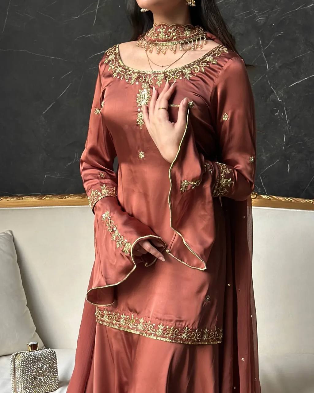 Luxurious Rust Brown Satin Sharara Set with Embroidery & Bell Sleeves