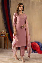 Dusty Rose Straight Kurta Pant Set with Heavy Neck Embroidery & Digital Print Dupatta