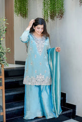 Luxury Blue Embroidered Sharara Suit with Metallic Silk Dupatta