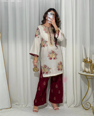 Elegant White Embroidered Kurta with Contrast Maroon Floral Palazzo Set