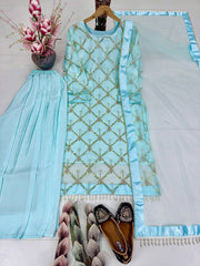 Icy Blue Hand-Embroidered Festive Set - Pearl Jaal Work Kurta & Palazzo