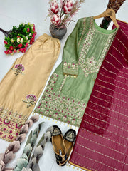 Designer Olive Green Punjabi Suit Set - Embroidered Silk Kurta with Contrast Maroon Dupatta
