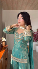 Premium Teal Green Silk Kurta Set with Heavy Mirror Work & Fringe Lace Borders