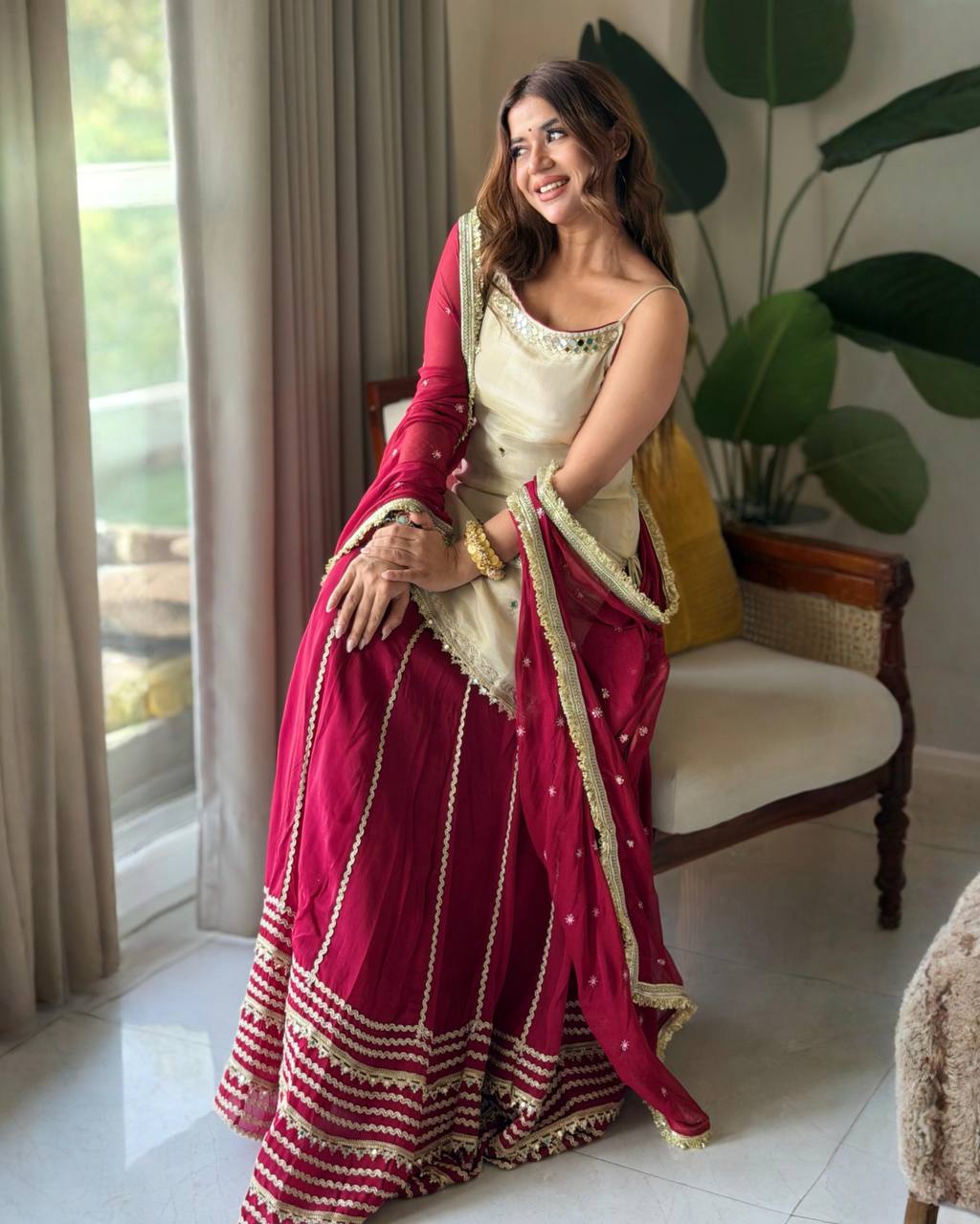 Off-White and Wine Red Embroidered Sharara Suit Set with Dupatta