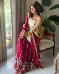 Off-White and Wine Red Embroidered Sharara Suit Set with Dupatta