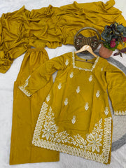 Elegant Mustard Yellow Silk-Blend Embroidered Kurta Set with Palazzo