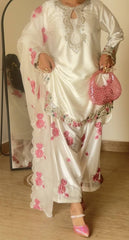 Elegant White Silk Salwar Suit with Pink Floral Embroidery & Organza Dupatta