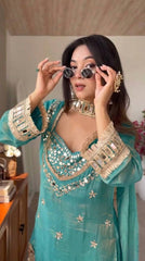 Premium Teal Green Silk Kurta Set with Heavy Mirror Work & Fringe Lace Borders