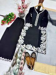 Designer Black  Salwar Kameez with White Floral Embroidery