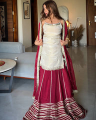 Off-White and Wine Red Embroidered Sharara Suit Set with Dupatta