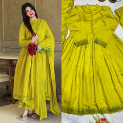 Olive Lime Green High-Neck Flared Anarkali Set with Scallop Dupatta