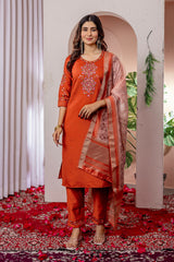 Designer Rust Kurti Pant Set with Floral Thread Work and Zari Border Dupatta