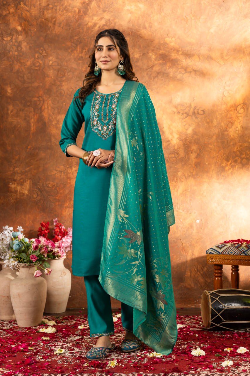 Teal Green Straight Kurta Set with Gold Zari Banarasi Dupatta and Intricate Neck Embroidery