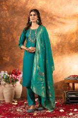 Teal Green Straight Kurta Set with Gold Zari Banarasi Dupatta and Intricate Neck Embroidery