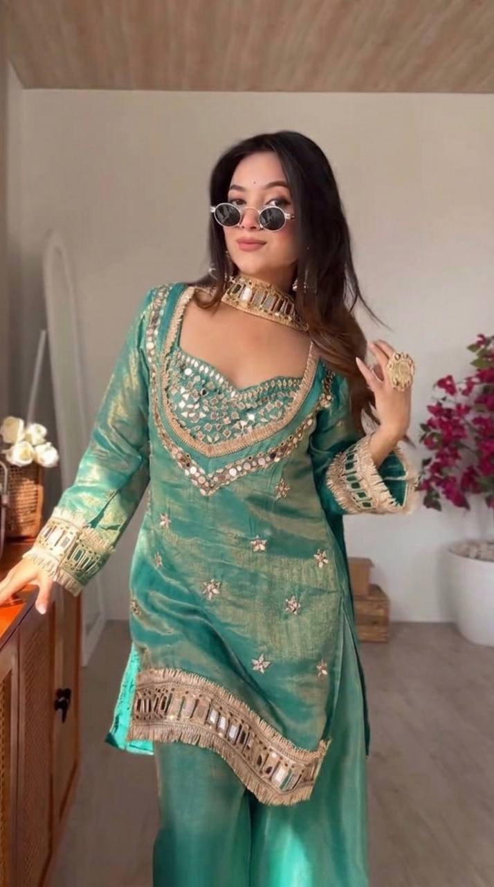 Premium Teal Green Silk Kurta Set with Heavy Mirror Work & Fringe Lace Borders