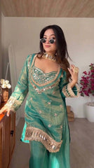 Premium Teal Green Silk Kurta Set with Heavy Mirror Work & Fringe Lace Borders
