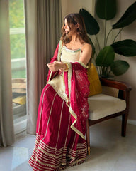 Off-White and Wine Red Embroidered Sharara Suit Set with Dupatta