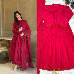 Bridal Red Mandarin Neck Flared Anarkali Kurta Set with Dupatta