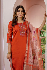 Designer Rust Kurti Pant Set with Floral Thread Work and Zari Border Dupatta