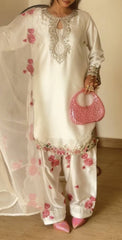 Elegant White Silk Salwar Suit with Pink Floral Embroidery & Organza Dupatta