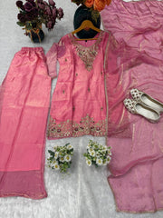 Designer Dusty Rose Party Wear Suit - Embroidered Silk Kurta with Flared Sharara