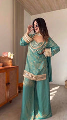 Premium Teal Green Silk Kurta Set with Heavy Mirror Work & Fringe Lace Borders